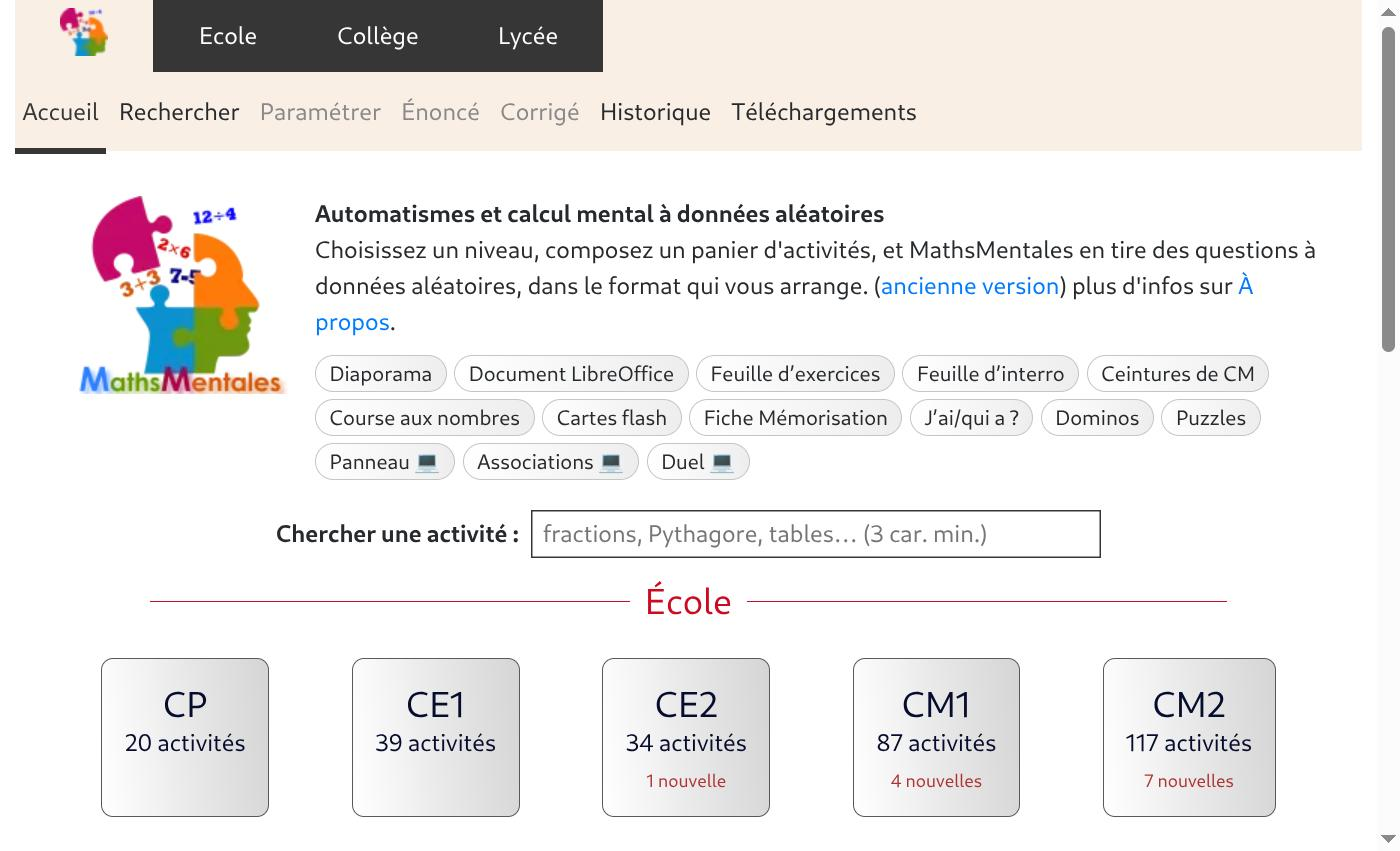 Page d'accueil de MathsMentales : bandeau des formats disponibles, champ de recherche et grille des niveaux École / Collège / Lycée.