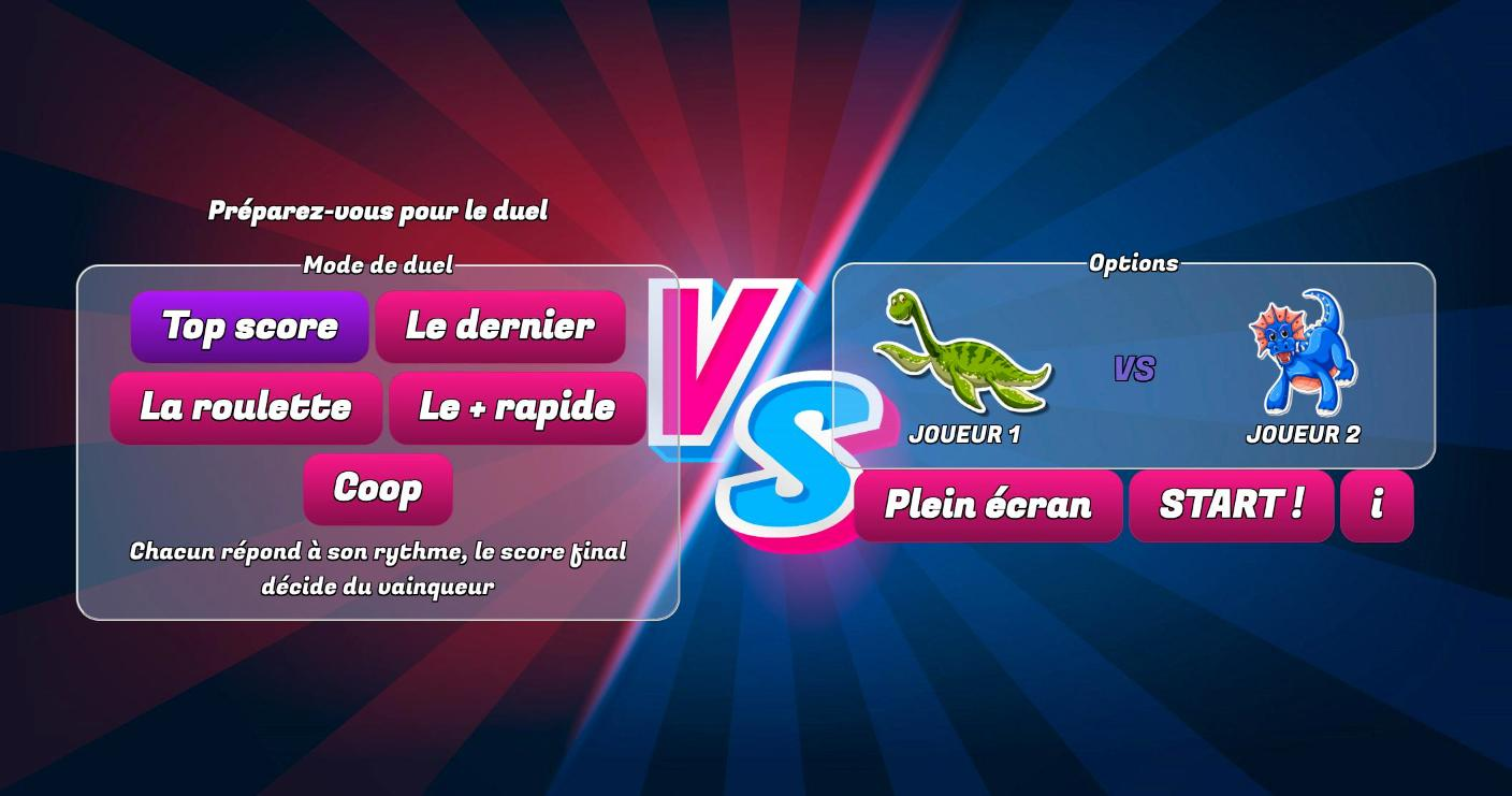 Écran d'accueil du Duel MathsMentales, sur fond bleu et rose façon jeu vidéo, avec le choix du mode (Top score, Le dernier, La roulette, Le plus rapide, Coop) et les avatars des deux joueurs.