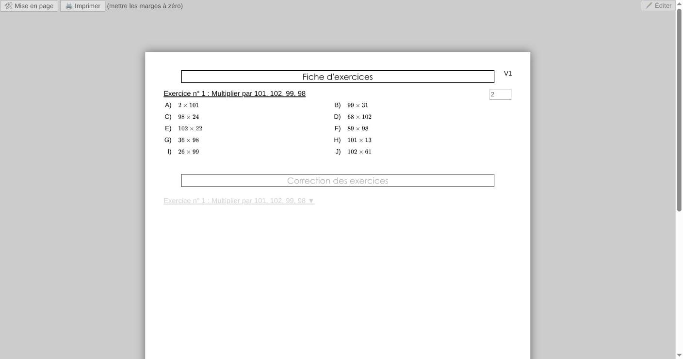 Feuille d'exercices imprimable : dix questions numérotées de A à J, avec un bandeau « Correction des exercices » repliable en dessous.