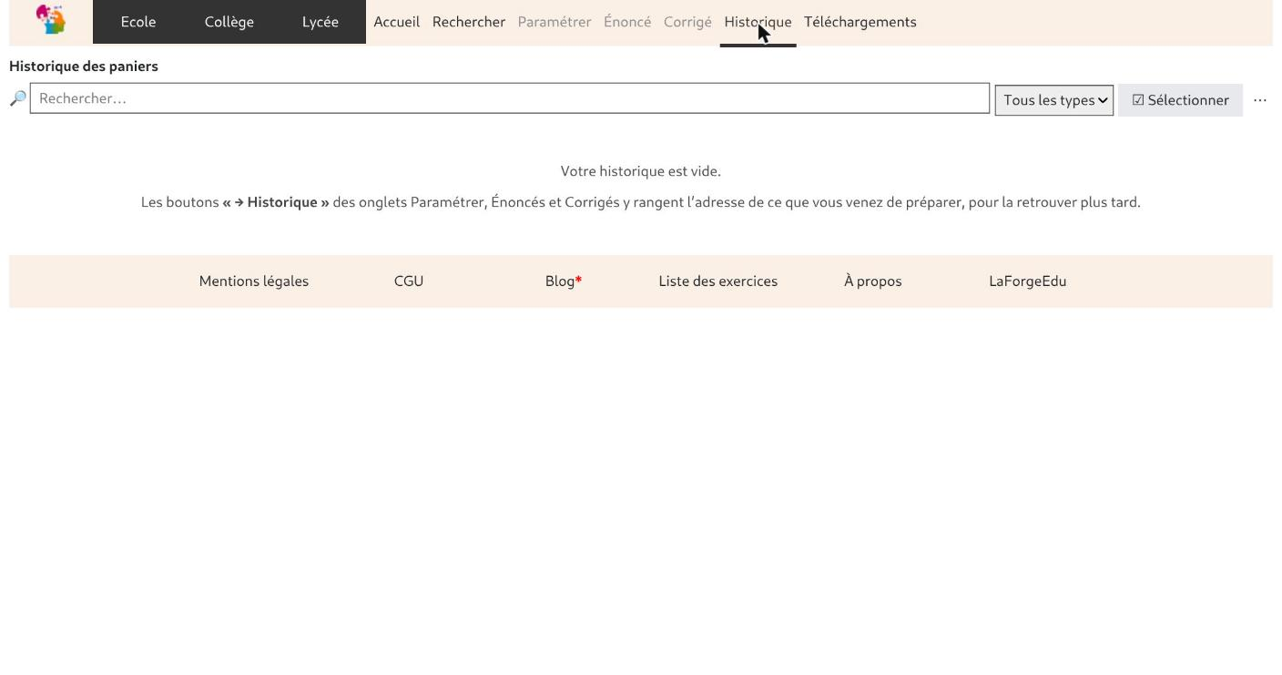 Onglet Historique des paniers : barre de recherche, filtre par type, et message indiquant que l'historique est vide.