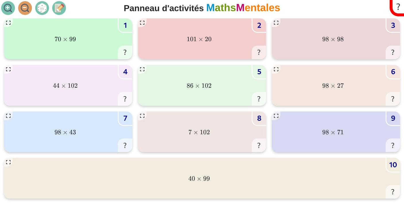 Panneau d'activités MathsMentales : grille de dix questions affichées simultanément, chacune dans une case colorée avec un bouton corrigé masqué par un point d'interrogation.