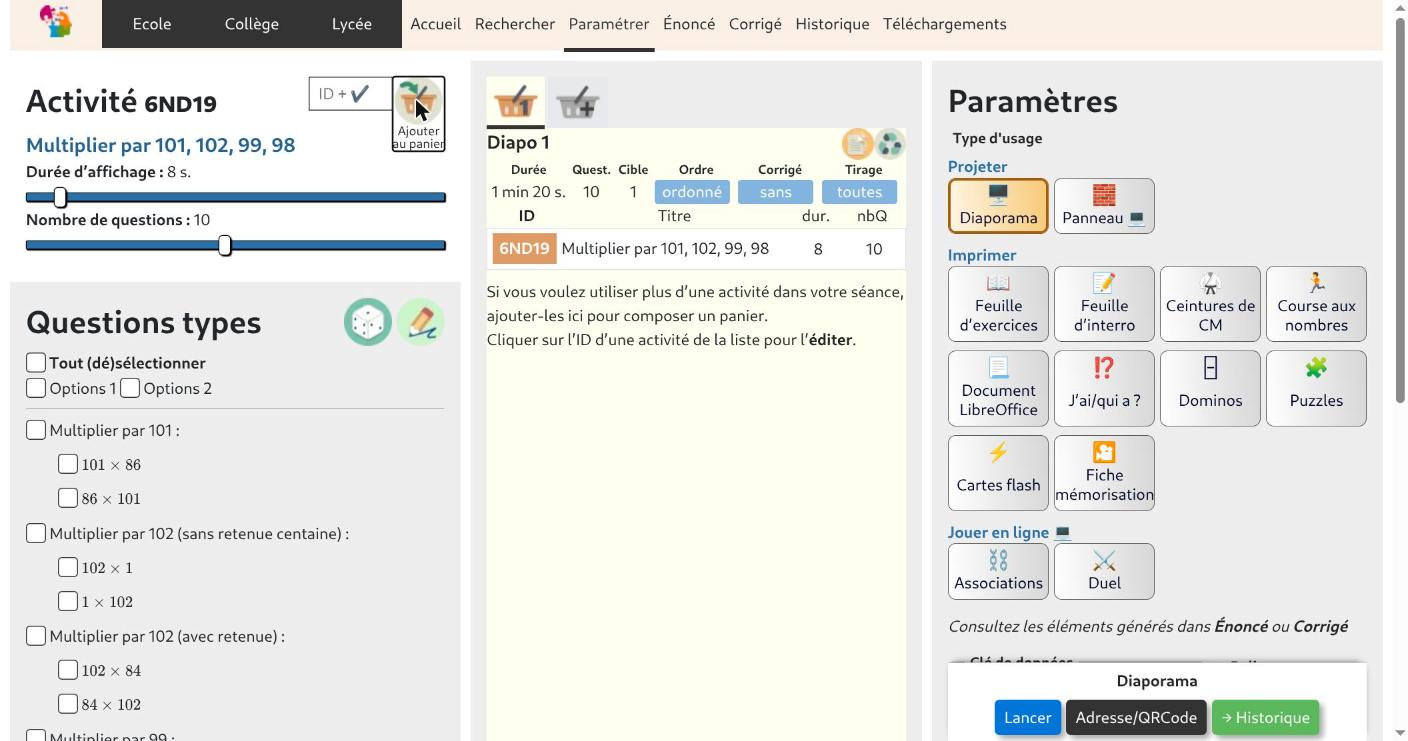 Onglet Paramétrer : réglages de l'activité 6ND19 à gauche, panier « Diapo 1 » au centre, grille des types d'usage à droite.